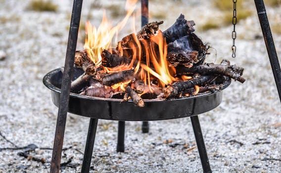 pexels-photo-134073-134073 A vibrant outdoor campfire with burning wood on a tripod grill.
